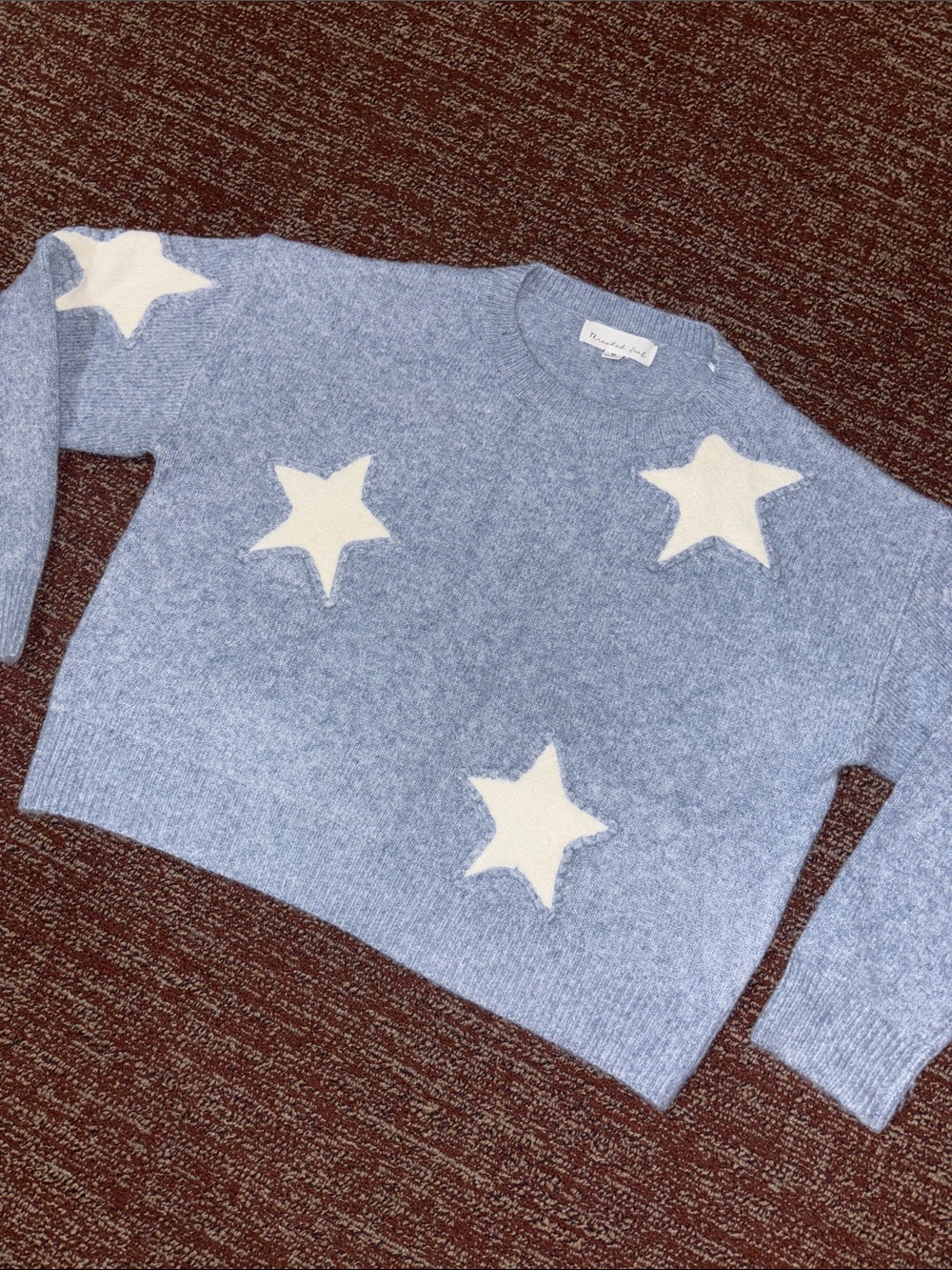 Baby blue crewneck cropped sweater star patch y2k style boxy knit sweater M